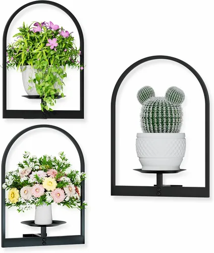 Vista 16 de Soporte para plantas de pared de metal negro, paquete de 2 soportes para plantas montados en la pared y soportes colgantes para macetas