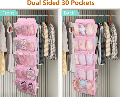 Vista 7 de MISSLO Organizador de zapatos colgante de doble cara con 30 bolsillos grandes y caja de juguetes grande con ruedas