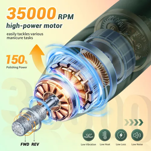 Vista 5 de JEWHITENY Taladro de uñas profesional recargable 35000 RPM, SG707 lima de uñas eléctrica con 6 brocas para uñas acrílicas, eliminación de pulido