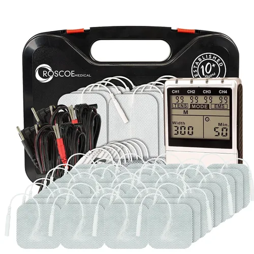 Vista 16 de Roscoe Medical Unidad TENS y estimulador muscular EMS, 16 electrodos incluidos, máquina TENS OTC de 4 canales para aliviar el dolor de espalda