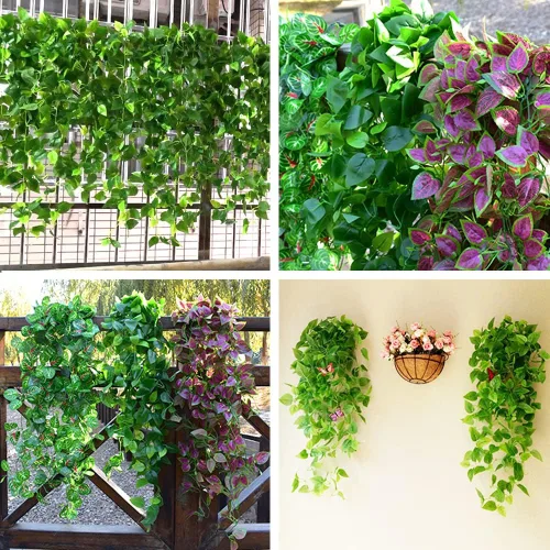 Vista 5 de 3 plantas colgantes artificiales de hojas de enredadera, planta colgante falsa de 3.44 pies, 5 plantas de vid falsas bifurcadas para pared