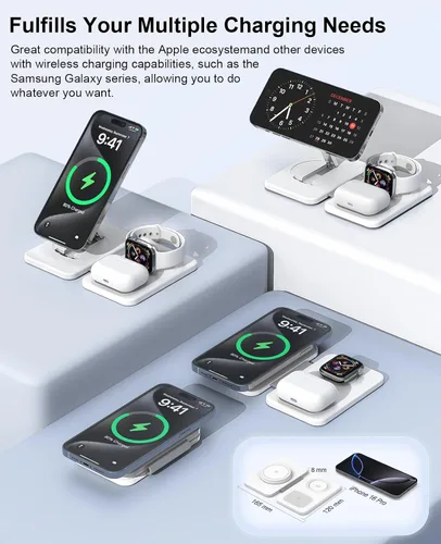 Vista 4 de Cargador inalámbrico magnético 3 en 1 para múltiples dispositivos Apple, estación de carga rápida plegable - Soporte de cargador Magsafe