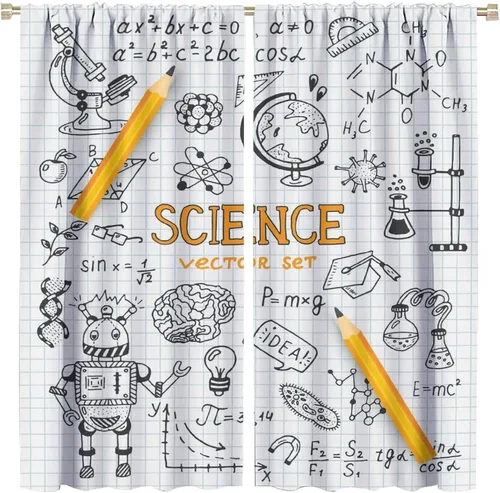 Vista 75 de Cortinas opacas para ventanas de ciencia para niños, lupa de libro de laboratorio de ciencia, lupa, frascos moleculares, cortinas impresas