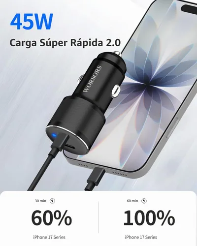 Vista 2 de Cargador de coche dual de 45W USB C, carga súper rápida de 90W máx, adaptador de encendedor de cigarrillos de 12V totalmente metálico para iPhone 17