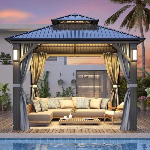 Vista 20 de GARTOO Gazebo de techo rígido para exteriores de 8 x 8 pies con techo doble Negro
