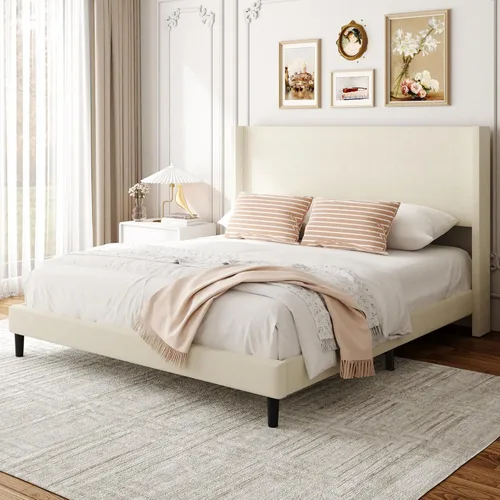Vista 8 de Sismplly Base de cama matrimonial con cabecera con respaldo de ala, cama de plataforma tapizada de terciopelo, listones de madera fuertes, Beige