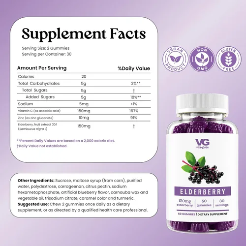 Vista 2 de VITA GLOBE Gomitas de saúco con vitamina C y zinc, suplemento diario para apoyo inmunológico y bienestar, extracto de saúco con antioxidantes en un