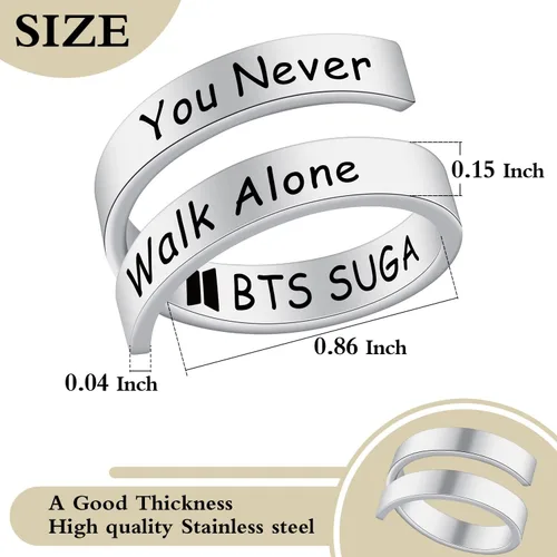 Vista 6 de SELOPU Bangtan - Anillo de regalo para niños Kpop Bangtan con la frase You Never Walk Alone Love YourselfJ-HopeJIMINJINJKRMSUGAV Bangtan Boys Lover