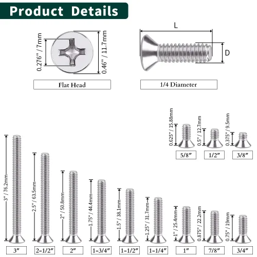Vista 4 de Tornillos de máquina de cabeza avellanada plana 1/4-20 x 1, Phillips Drive, acero inoxidable 304 18-8, rosca completa, rosca gruesa UNC, 25 PCS