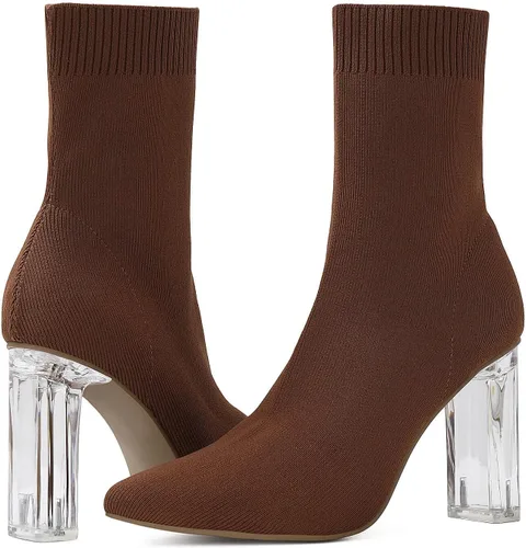 Vista 6 de Shoe'N Tale - Botas de tobillo con calcetín de punto para mujer, con punta, tacón medio transparente, fáciles de poner, botines elásticos Marrón