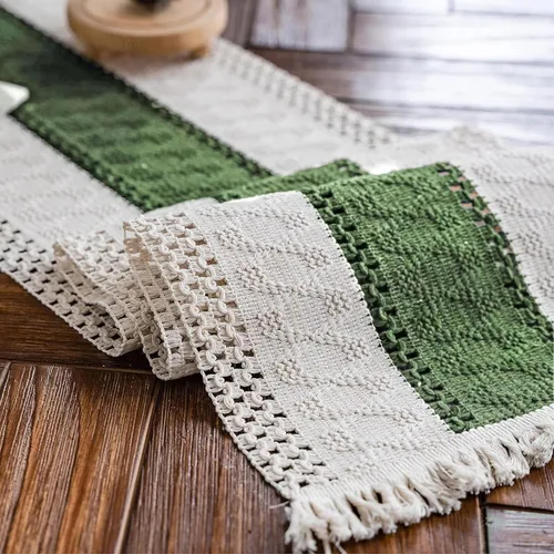 Vista 16 de Camino de mesa de macramé, color beige crema, bohemio, con borlas, camino de mesa de algodón tejido a mano, camino de mesa rústico para cocina