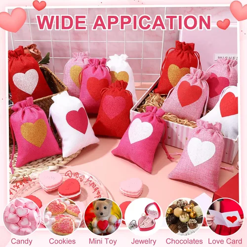 Vista 2 de 36 bolsas de arpillera de corazón para el día de San Valentín, 4 x 6 pulgadas, con cordón, pequeñas bolsas de joyería de lino, bolsas con cordón
