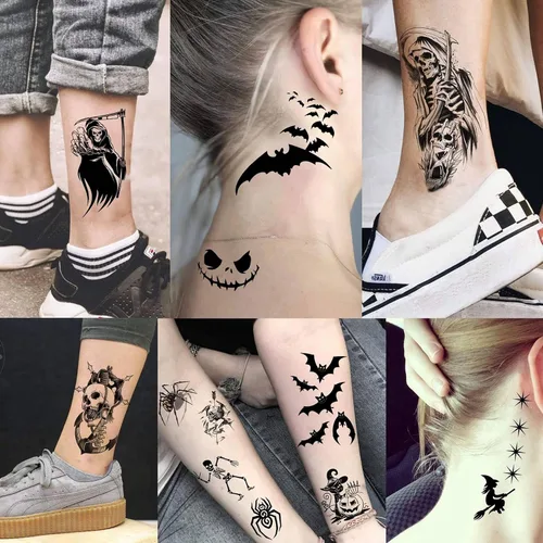 Vista 2 de 52 hojas de tatuajes temporales de Halloween para niños, niñas, mujeres, hombres, adultos, 3D de cara aterradora, calavera, tatuajes falsos