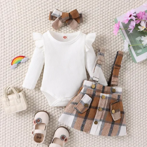 Vista 2 de Baby Girl Long Ruffle Sleeve Romper Button Plaid Suspender Skirt Adjustable Strap Suspender Skirt Headband Set