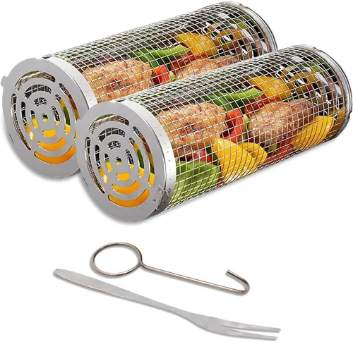 Vista 8 de Cesta enrollable para parrilla de acero inoxidable, cesta para parrilla con cubierta de malla extraíble, accesorios para barbacoa, cestas