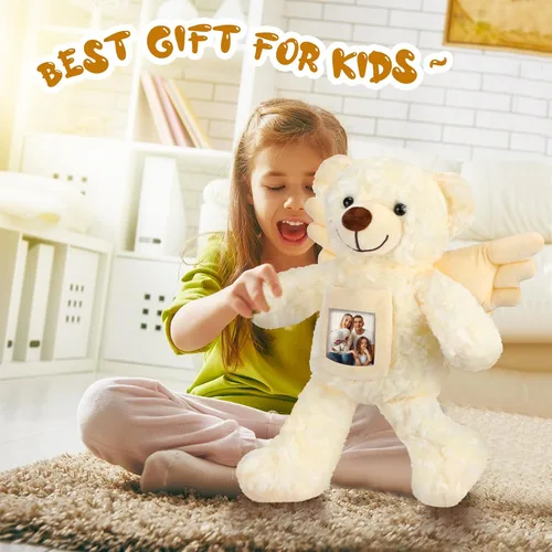 Vista 6 de Leyndo Oso de recuerdo de ángel de 12 pulgadas con grabador, juguete de peluche suave con un marco de fotos para baby shower, fiesta de cumpleaños