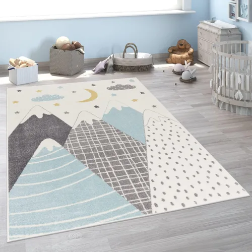Vista 8 de Paco Home Alfombra infantil para guardería con montañas de colores pastel, estrellas de ensueño y luna en azul, tamaño: 2'8" x 4'11