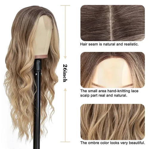 Vista 4 de NAYOO Peluca larga ondulada rubia ombré para mujer, de 26 pulgadas, parte media, rizada, ondulada, de aspecto natural, fibra sintética resistente al
