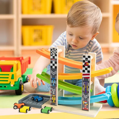 Vista 2 de Wood City Set de Juguetes de Rampa y Carrera de Coches de Madera con 4 Coches en Miniatura y Pistas de Carrera, Juguetes para Niños de 1, 2, 3 Años