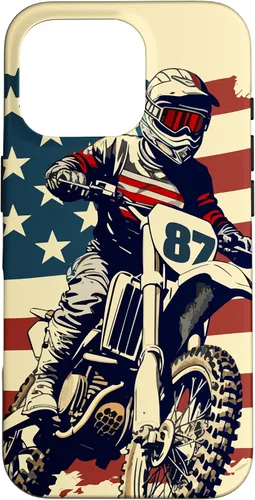 Vista 20 de Funda vintage para iPhone 16 Motocross Rider Dirt Bike con bandera estadounidense