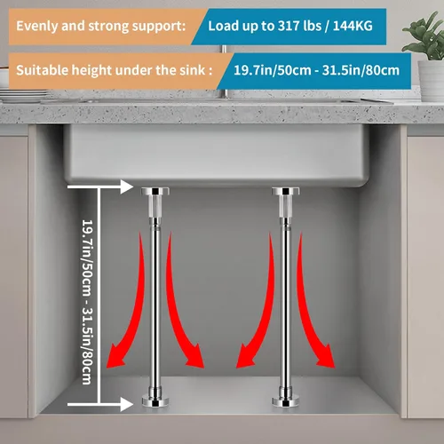 Vista 3 de 2 soportes de fregadero ajustables para montaje inferior, soporte de fregadero de acero inoxidable, sistema de instalación y reparación sin taladros