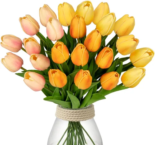 Vista 11 de 24 tulipanes rosas – Flores artificiales – Tulipanes artificiales de 13.5 pulgadas para el día de la madre, jarrón, centros de mesa, hogar, ramo