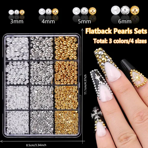 Vista 3 de Kit de polvo de uñas cromado con dijes de perlas de parte trasera plana, brillo de uñas cromado plateado, polvo de uñas cromado dorado para diseño