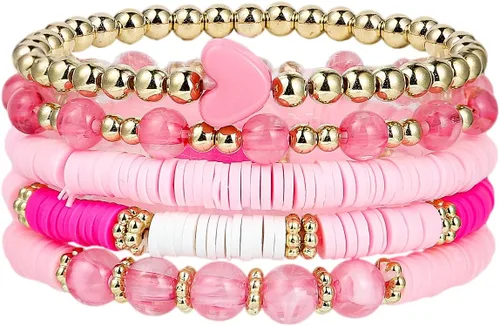 Vista 11 de Caiyao Juego de pulseras apilables de arcilla con corazón multicapa de Bohemia, pulseras elásticas con cuentas doradas de arcilla Heishi para Verde
