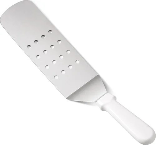 Vista 3 de New Star Foodservice 36176 Espátula y volteador de parrilla con mango de plástico flexible, 36,8 cm, perforado, blanco