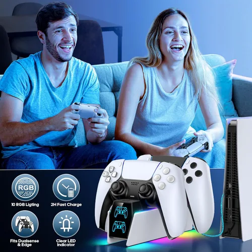 Vista 6 de Estación de carga para controlador PS 5 compatible con PlayStation 5 Dual Controller, 9 iluminaciones, estación de carga de accesorios PS 5, soporte