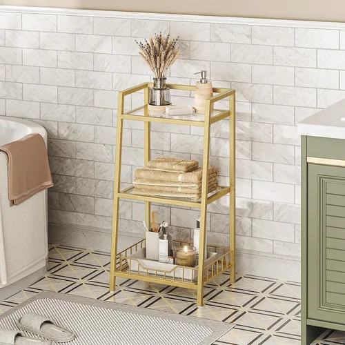 Vista 4 de HOOBRO Soporte de estante de vidrio dorado, unidad de estante de pie de 3 niveles, organizador y almacenamiento de baño, estantes de almacenamiento