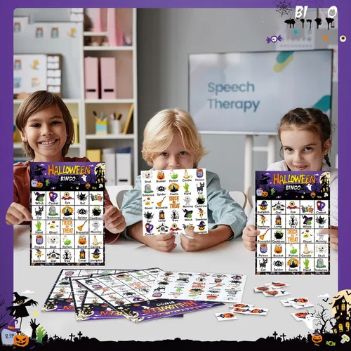 Vista 5 de Shappy Juego de bingo de Halloween para adultos y niños, 32 jugadores, juego de bingo de Halloween, espeluznante tema de calabaza fantasma