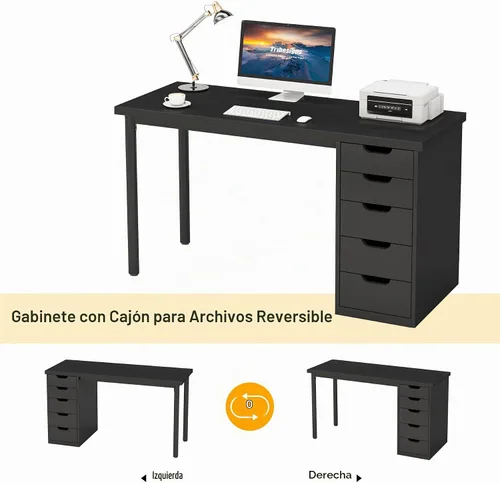 Vista 7 de Tribesigns Escritorio para computadora con 5 cajones, escritorio de oficina en casa de 47 pulgadas, color marrón rústico, con almacenamiento Negro