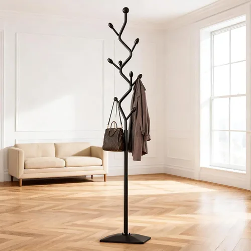 Vista 5 de Perchero con forma de árbol, árbol de abrigos independiente con 8 ganchos y base de metal resistente para abrigos, sombreros y bolsos, soporte