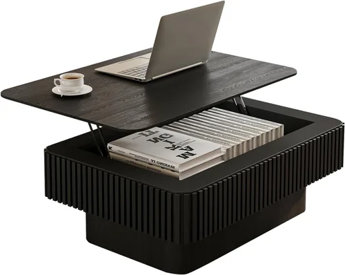 Vista 10 de Mesa de centro redonda de 39.4 pulgadas con almacenamiento oculto, mesa de centro de tambor de madera maciza con diseño artesanal Releifs, moderna