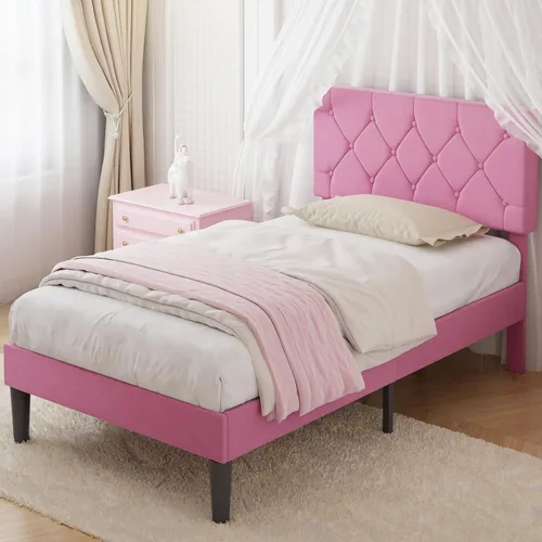Vista 19 de VECELO Base de cama tamaño completo con cabecera capitoné con botones, plataforma tapizada con soporte de listones de madera, no necesita somier