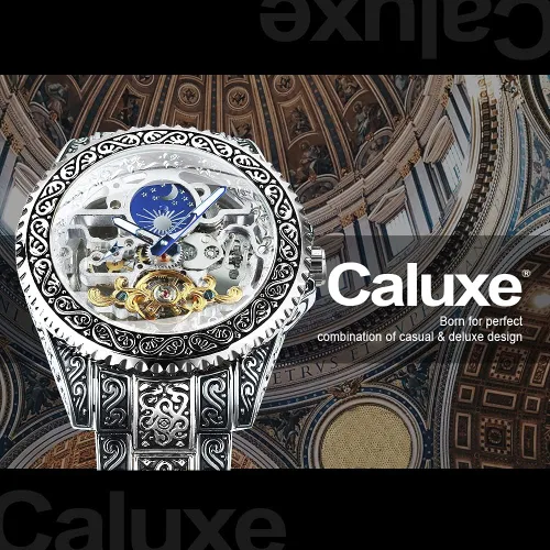 Vista 2 de Caluxe Reloj de pulsera mecánico automático para hombre Tourbillon 24 horas de fase lunar CA525