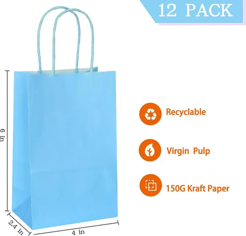 Vista 2 de AZOWA Bolsas de regalo de color azul claro, mini bolsas de papel kraft con asas para recuerdos de fiesta (4 x 2.4 x 6 pulgadas, azul, 12 unidades)