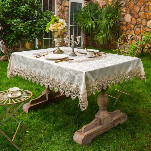 Vista 2 de ARTABLE Mantel rectangular de encaje de macramé con flores antiguas de primavera para casa de campo rústica al aire libre, cocina, fiesta de Marrón