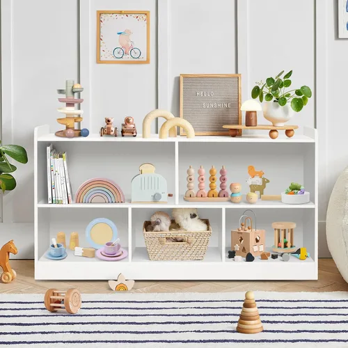 Vista 9 de Estante Montessori, organizador de almacenamiento de juguetes de madera para libros, juguetes, estantería de 2 estantes, armario de almacenamiento