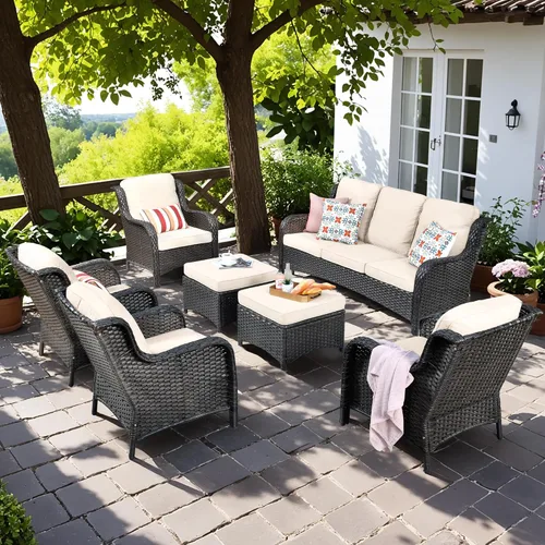Vista 45 de Juego de muebles de exterior para patio, silla y sofá (ratán marrón, beige, 3 piezas)