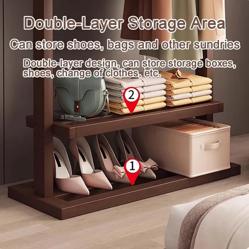 Vista 5 de Perchero de bambú para dormitorio, perchero resistente para colgar ropa, estantes organizadores de almacenamiento de ropa de zapatos, 63 pulgadas