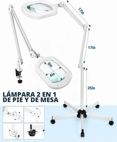 Vista 6 de Lupa de 15X con luz y soporte, lámpara de pie rectangular grande con lente de vidrio óptico con 5 ruedas, 5 modos de color con luz LED, lupa manos