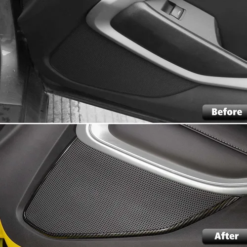 Vista 2 de Cubierta interior de fibra de carbono para puerta, decoración de panel de altavoz de audio, accesorios interiores para Chevrolet Camaro 2017-2022