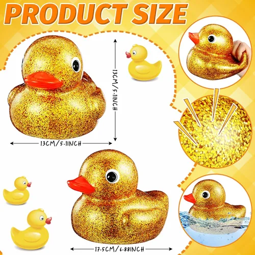Vista 2 de Honoson Pato de goma gigante de 6.89 pulgadas con glitter, gran pato de goma brillante, pato grande brillante para el baño, juguete con sonido