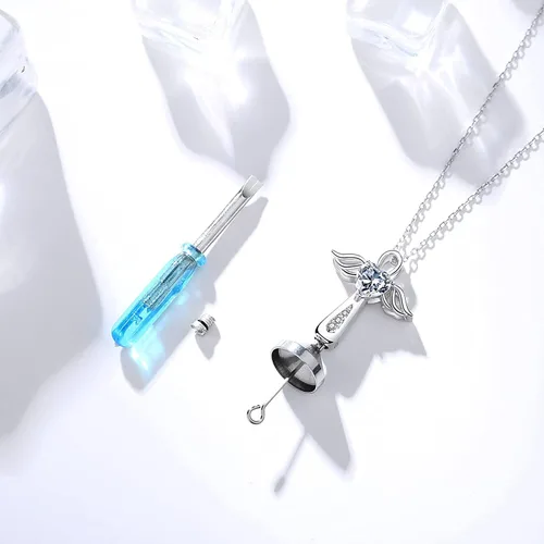 Vista 4 de YLT Collar de plata de ley 925 con alas de ángel para cenizas, recuerdo de cenizas, urna conmemorativa para mujeres y hombres, Metal, Circonia cúbica