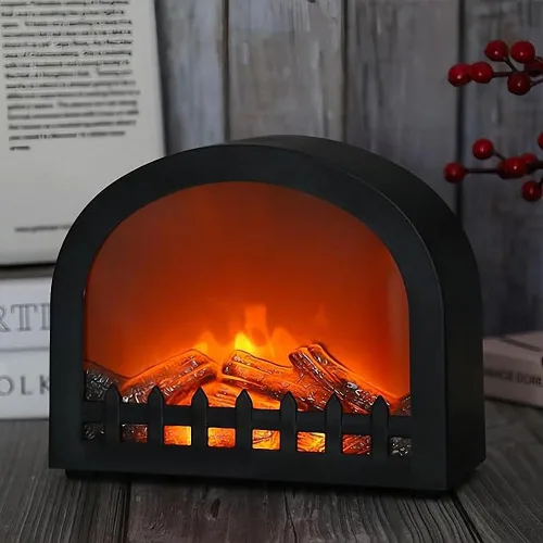 Vista 38 de Farol de chimenea pequeño y acogedor tradicional realista con efecto de llama de leña, luz LED, estilo carbón, lámpara de mesa