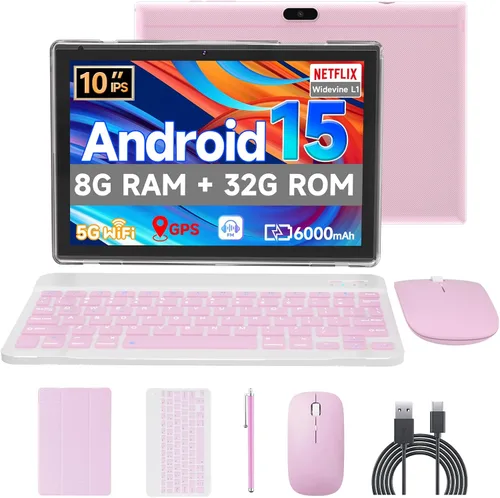 Vista 8 de Tablet Android 15, tabletas de 10 pulgadas, tabletas 2 en 1 con funda de Negro con azul