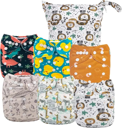 Vista 10 de ALVA BABY - 6 fundas para pañales de tela y 1 bolsa húmeda y seca, lavable y reutilizable para pañales preplegado con bolsa multifuncional 02 Boy