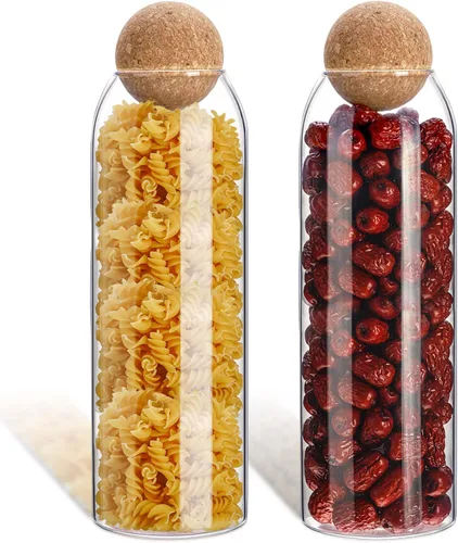 Vista 8 de 2 tarros de vidrio de corcho con tapa de corcho, contenedor de almacenamiento con botellas redondas de bola, recipientes con tapa de madera